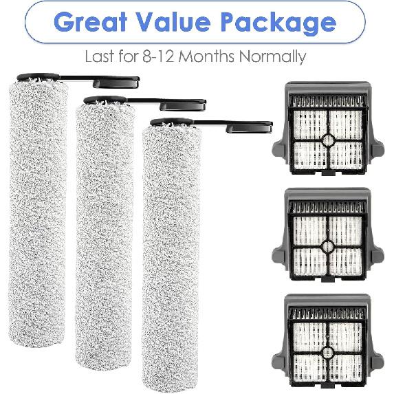 (6 Pack) Replacement Brush Rollers and HEPA Filters Compatible with Tineco Floor ONE S7 PRO/ONE S6 Smart Cordless Wet Dry Vacuum Cleaner, Replacement