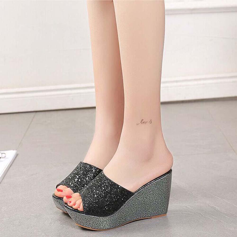 Women Summer Casual High Heel Wedge Skid Slippers Bling Flip Flops Shoes