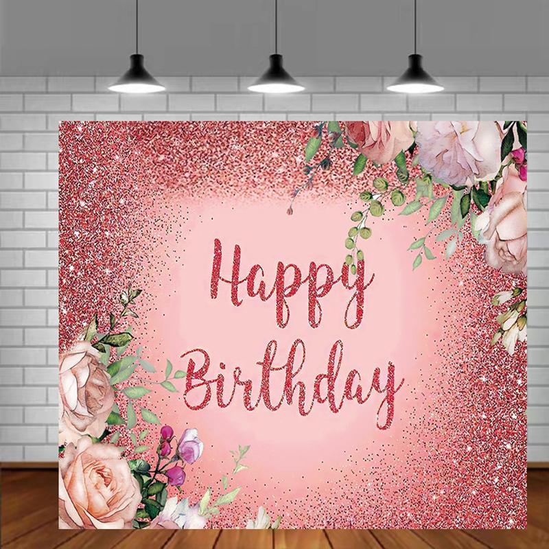 Pink Floral Happy Birthday Backdrop Background Kids Girls Vinyl Decoration 5x3ft 7x5ft 8x6ft