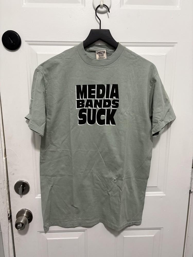 

Vintage Media Bands Suck Shirt Mens Medium Liquid Blue Green Slogan 1996 USA 90s Unisex T-Shirt S