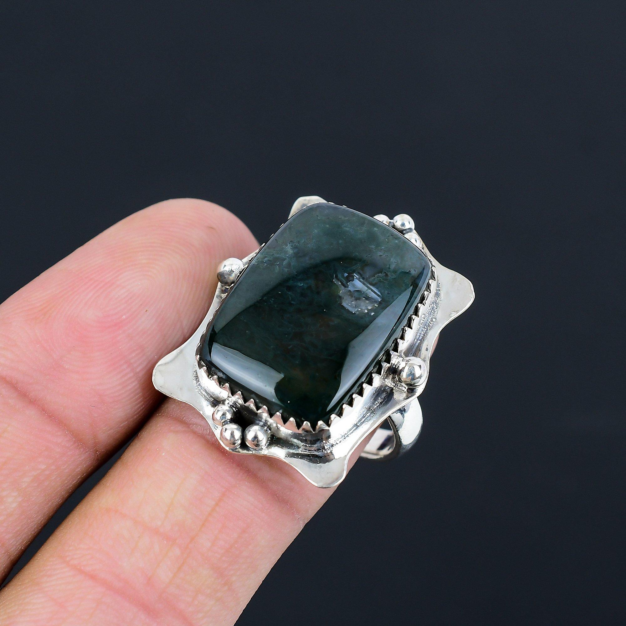 Solar Moss Agate Gemstone Sterling Silver Statement Anniversary Wife Ring Size 9 9