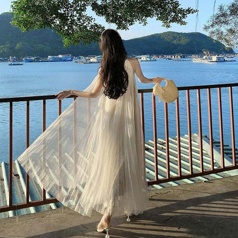 New French Lace Neck Pleated Suspender Sleeveless Dress Super Fairy Skirt Vacation Dress