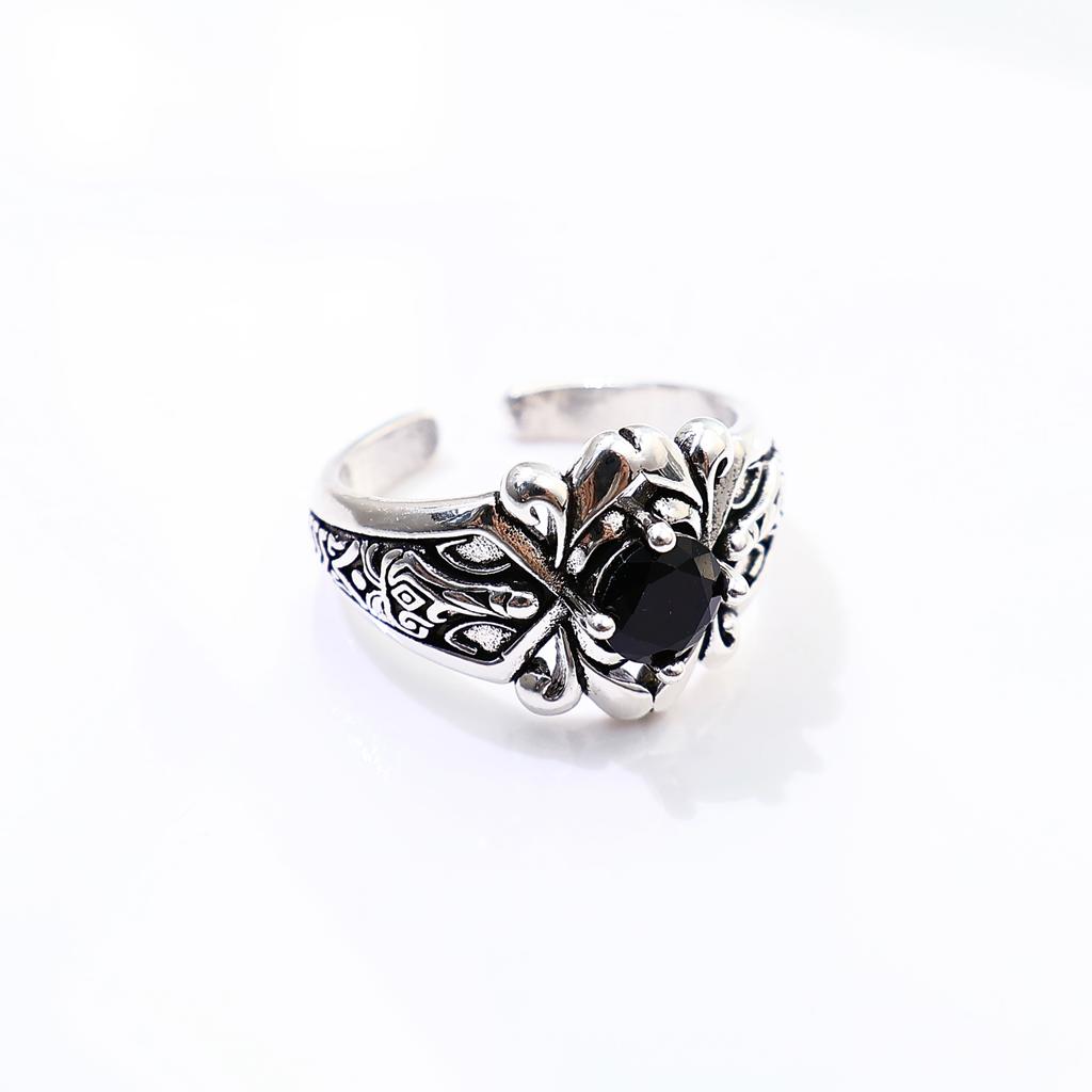 Retro Black Zircon Adjustable Open Ring for Men Silver-plated Copper Gothic Punk Edgy Jewelry Accessories Cool Gift