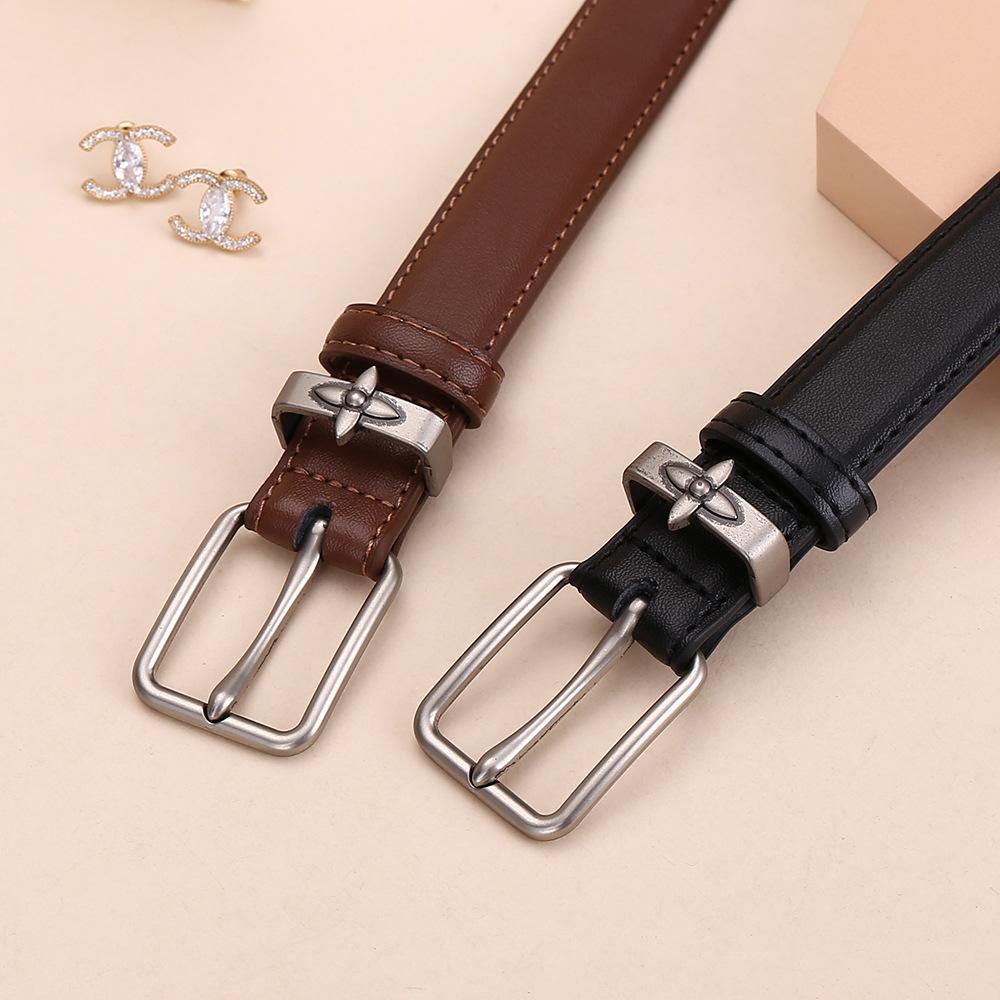Premium Women'S Belt Leather Cowhide Pin Buckle Small Flower Alloy Belt Business Belt