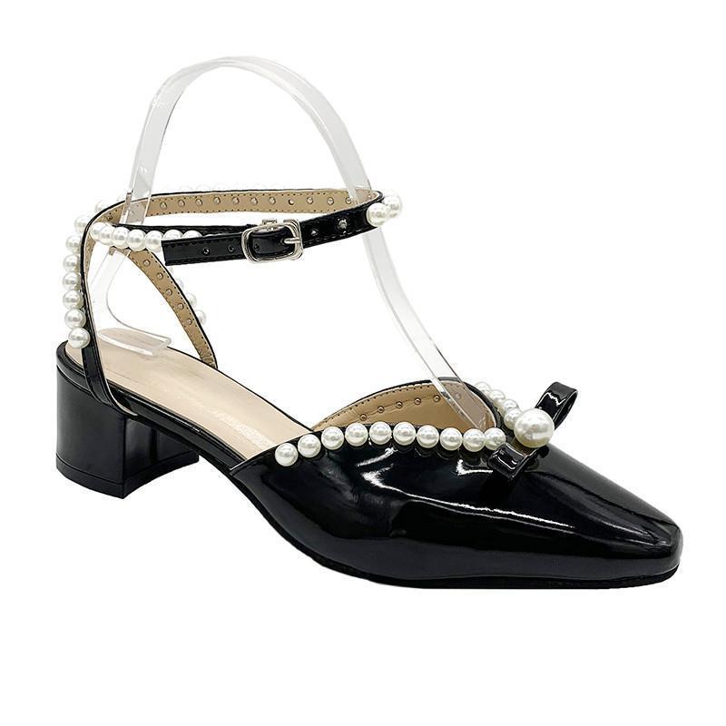 Fransk flickbåge pärlväska huvud enkelskor damklack tjock klack retro Mary Jane-skor 2025 nya sandaler
