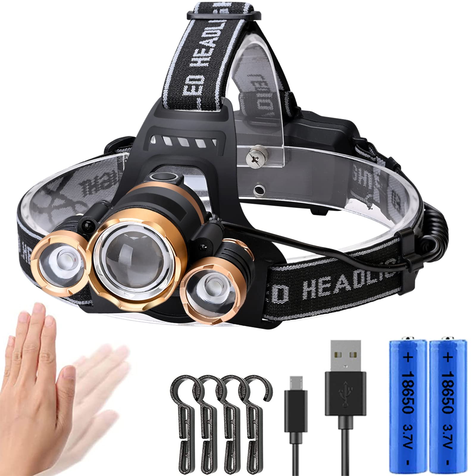 

Оптимизированный налобный фонарь с датчиком движения, USB, белый, красный светодиод, уличный налобный фонарь с 4 режимами масштабирования, регулируемый луч, индикатор уровня заряда батареи, идеально подходит для ночного ремонта золотой