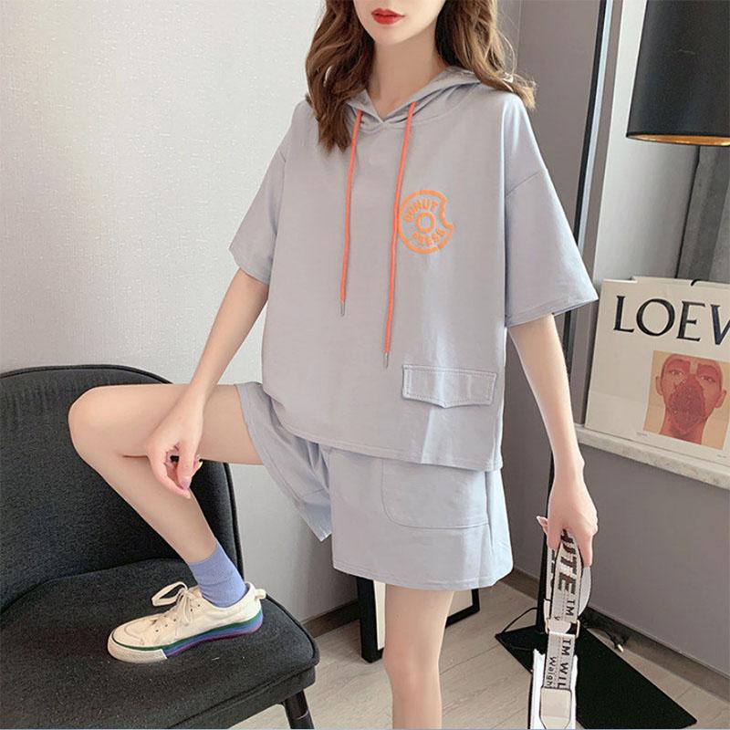 Women Loose Fit Summer Casual Hooded Short-sleeved Sweater Hoodie Sports Shorts Two-piece Fashion Suit