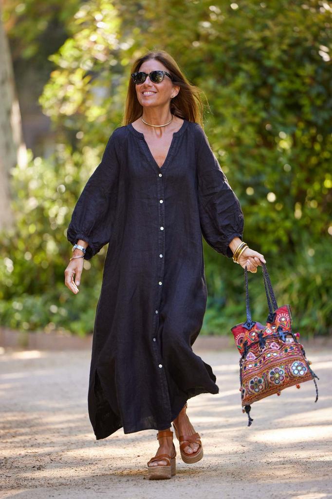 Summer Dress Women's Cotton and Linen Long Dress V-neck Shirt Casual Commuter Style Vacation Style