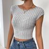 Women Spring Summer Solid Color Elastic Knit O-Neck T-shirt Three Quarter Sleeves Slim Backless Short Top S-XL