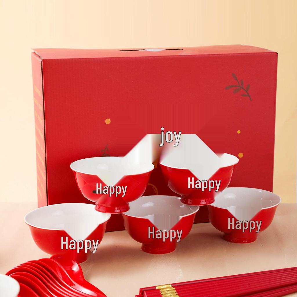 Red Double Happiness Ceramic Tableware Set: Wedding Bowl, Spoon, and Chopsticks Gift