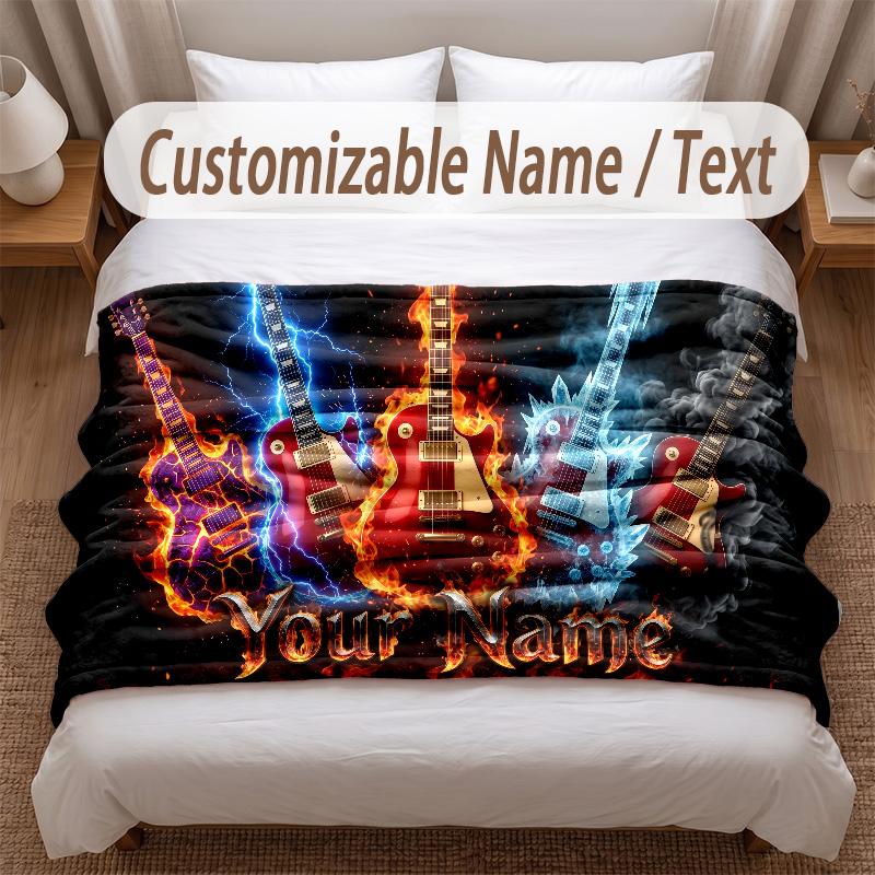 Music Guitar Theme Soft Blanket Personalized Custom Name Text Print Warm Blanket Home Sofa Bedroom Decor