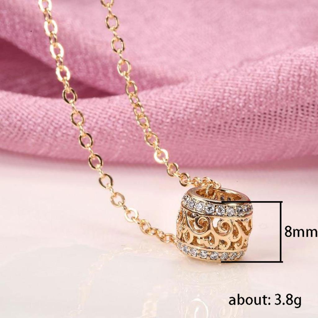 Women Rose Gold Tone Filigree Barrel Pendant Necklace with Sparkling Stone Bands Elegant Bohemian Style Jewelry