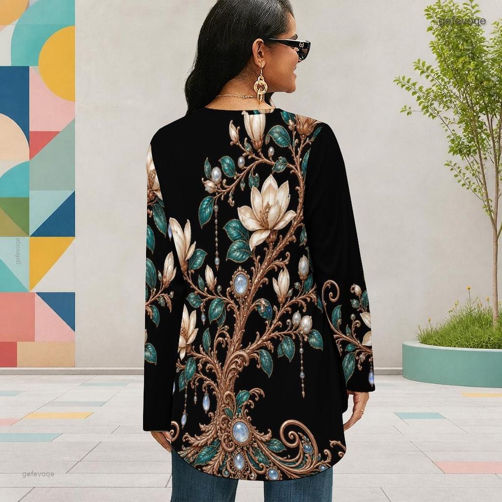 Women Plus Size Round Neck Long Sleeve Black Gold Printed Loose High Low Hem Shirt With Pockets