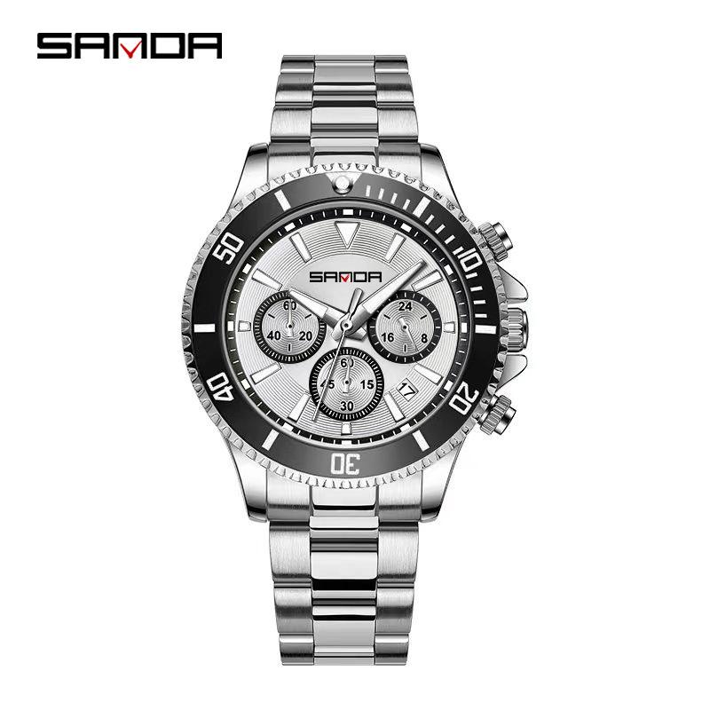 Sanda Men s Green Dial Quartz Watch, Six-Hand Three-Subdial Design, Stainless Steel Band, Calendar Feature, Waterproof.