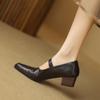 2024 New Women Pumps Genuine Leather Square Toe Buckle Strap Shoes Woman Thick Heels Spring Summer Basic Working Office Lady