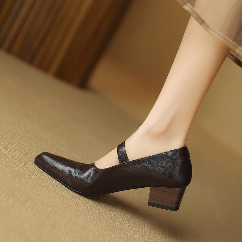 2024 New Women Pumps Genuine Leather Square Toe Buckle Strap Shoes Woman Thick Heels Spring Summer Basic Working Office Lady