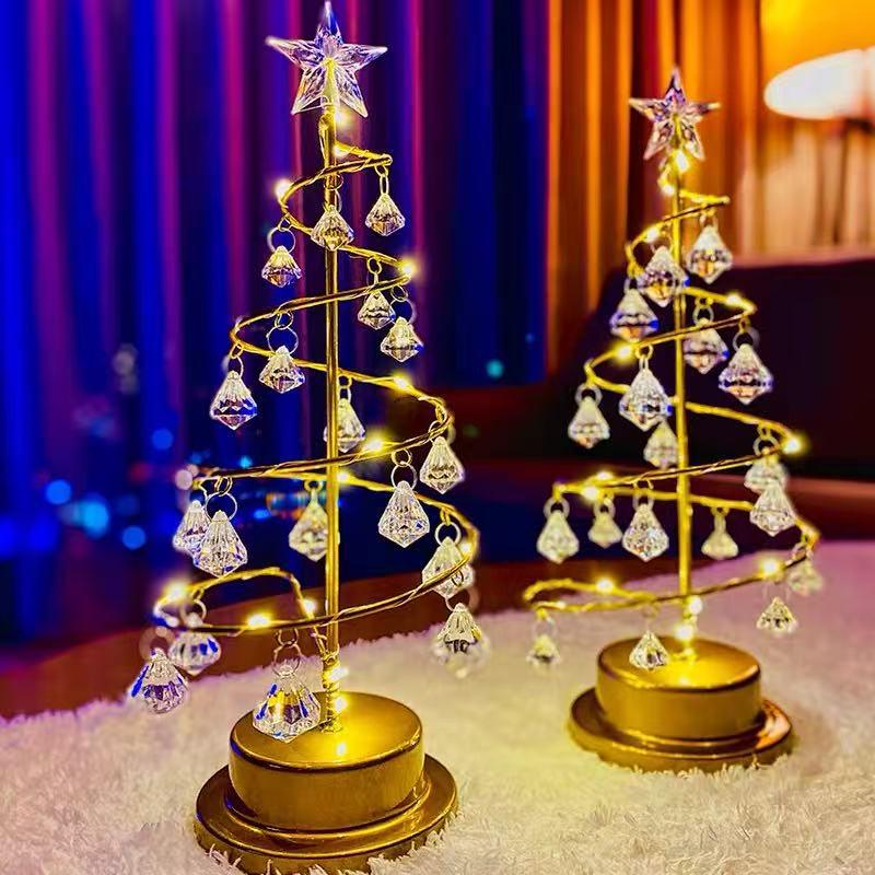 LED Crystal Christmas Tree Night Light - Elegant Iron Art Desk Lamp for Bedroom Ambiance