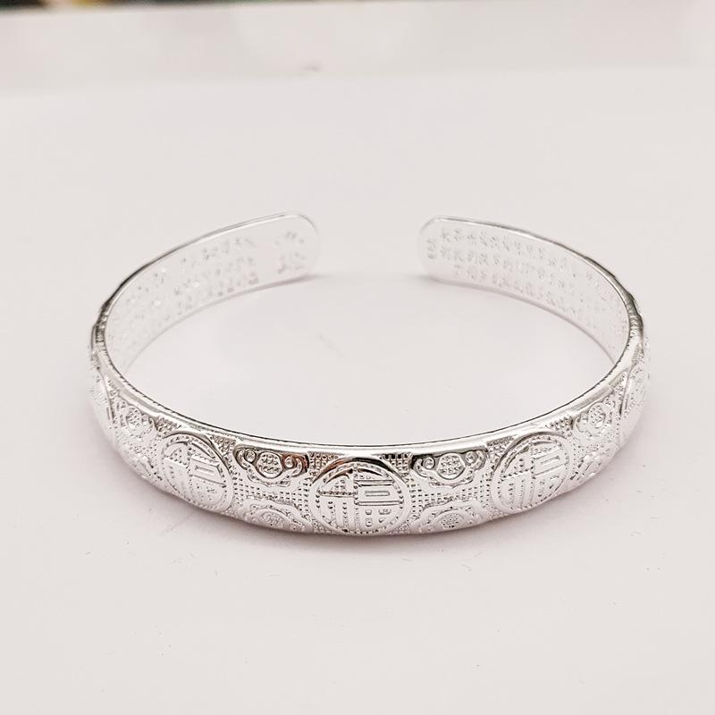Bracelet Women's Solid Open Young Six Character True Words Bracelet White Copper Plated Silver Wide Bracelet Jewelry