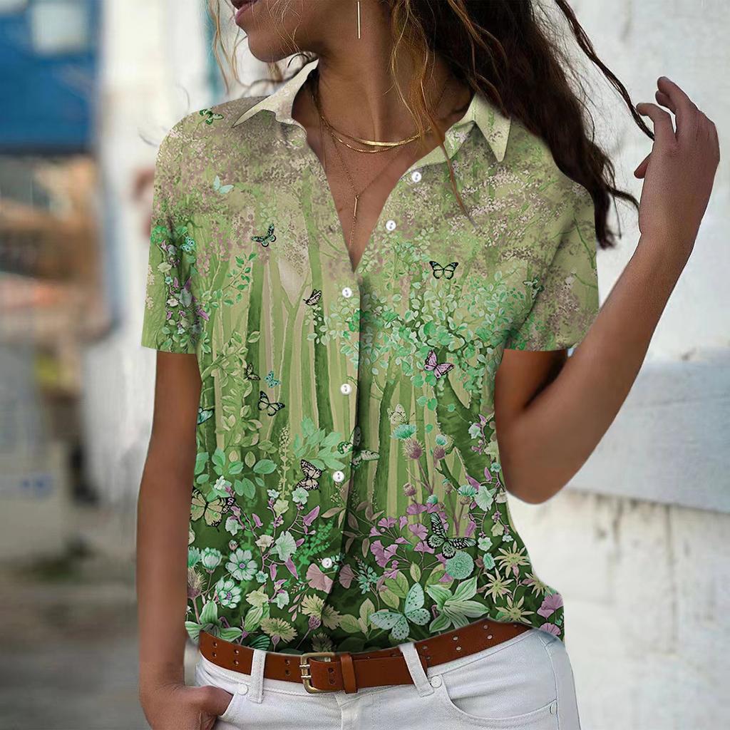 2025 Summer New Fashion Women's Butterfly Printed Short Sleeve V-neck Casual Button-down Shirt Top