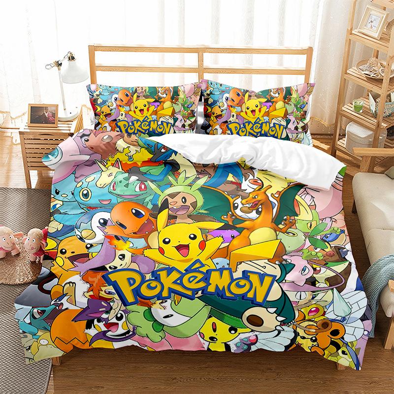 3D Digital Printing Quilt Cover Pillowcase Bedding Cartoon Pikachu Three-Piece Set Home Textile Four-Piece Set Grinding