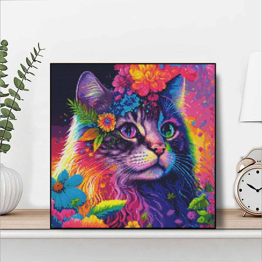 DIY Diamond Painting Cat with Flowers Cross Stitch Kit Mosaic Art Diamond Painting Full Circle Diamond Home Decoration