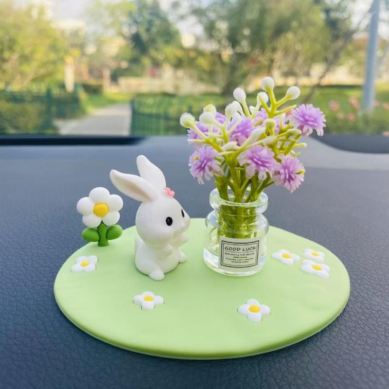 Decorative Accessory  Adorable Rubber Rabbit & Cat Car Decor, Mini Vase With Cute Animal Figurine, Suitable For Car Interior Decoration