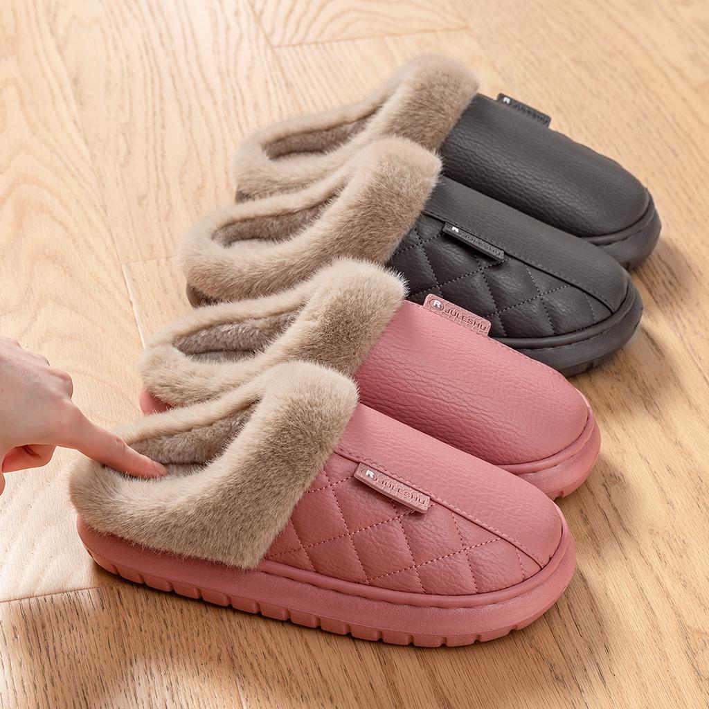 Wasserdichte PU-Leder-Baumwollpantoffeln warm und rutschfest Heim-Baumwollmop aufgerauht verdickte Paar-Hausschuhe Herbst und Winter Baumwollschuhe