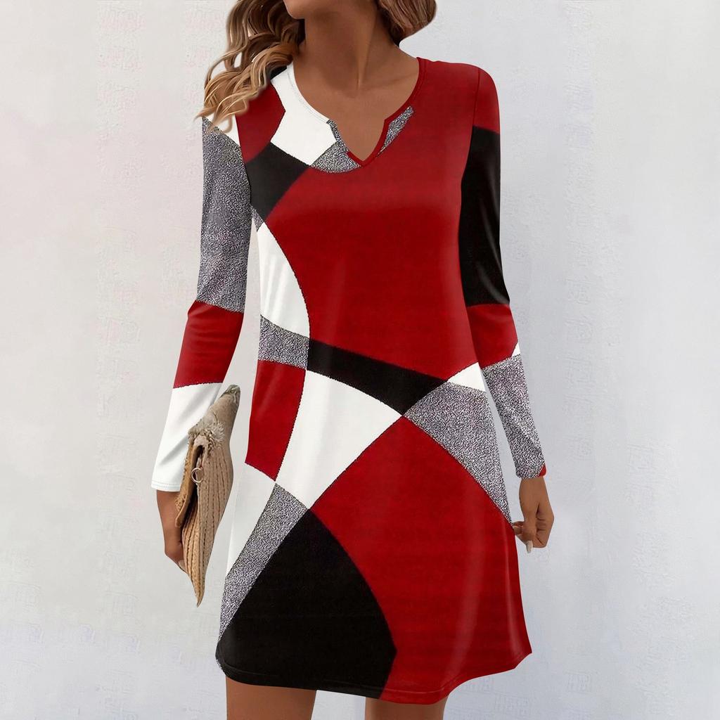 Women's Long-sleeved Casual Midi Dresses V-Neck Print  Casual Dress