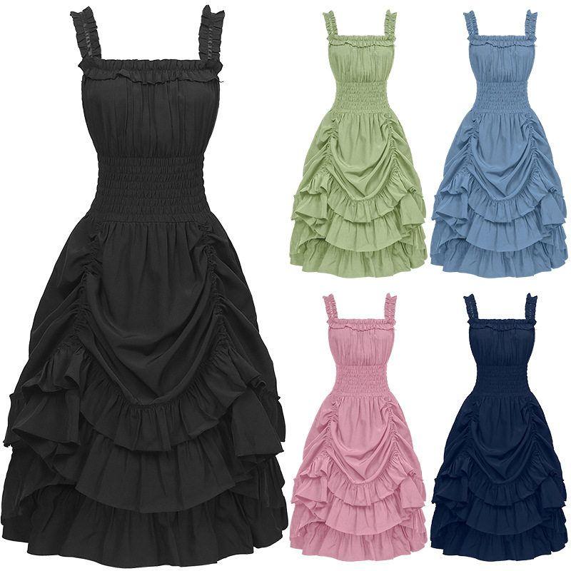 Foreign Trade Hot-Selling European and American Plus-Size Steampunk Gothic Victorian Era Ruffled Sleeveless Dress for Women