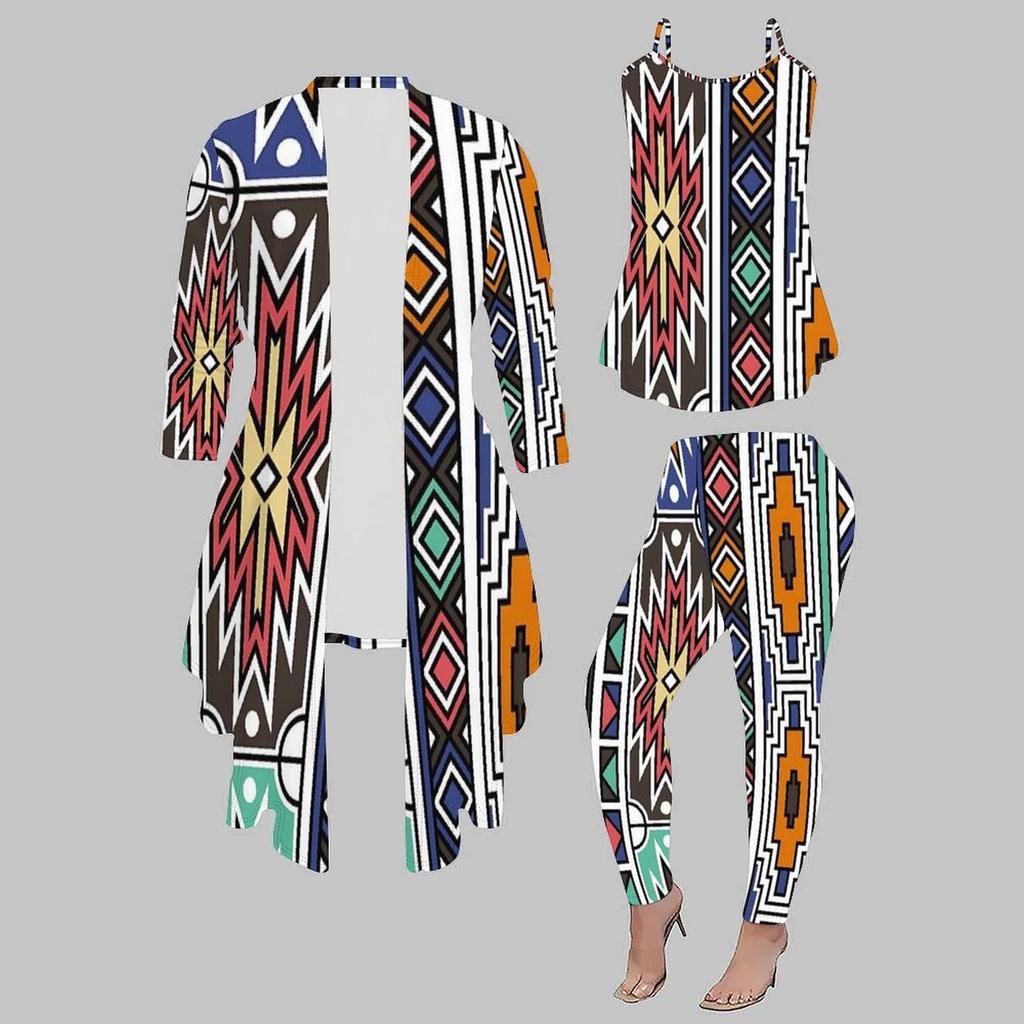 Plus Size Geometric Pattern Print 3 Piece Outfit, Long Sleeve Open Front Cardigan Cami Top Leggings Set for Women