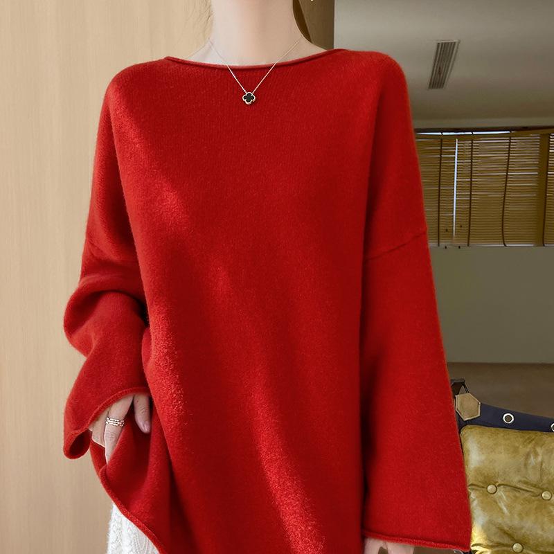 Women's Mid-Length Wool-Cashmere Sweater - 2025 Autumn/Winter Collection, Round Neck, Loose Fit, Knit Outerwear.