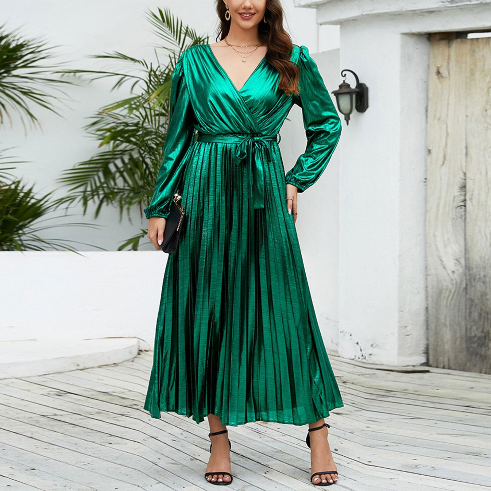 

Женское модное сексуальное сплошное платье с v-образным вырезом, тонкое платье с длинными рукавами, вечернее платье XXL зелёный