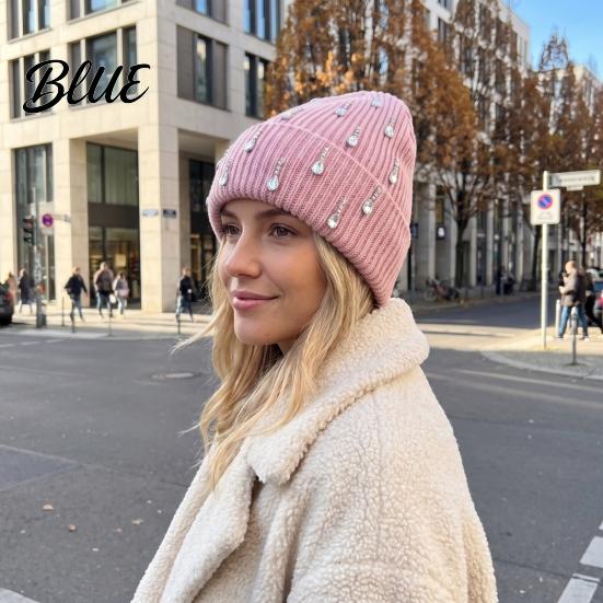 Holiday Gift for Women Waterdrop Rhinestone Knit Hat, Bling Stretchy Winter Cuffed Knitted Stylish Hat Skull Cap Men Cold Weather Daily Wear