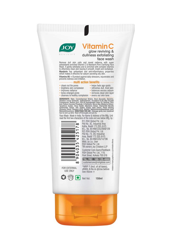 Joy Revivify Vitamin C Face Wash | Glow Reviving and Dullness Exfoliating | Brightening Face Wash with Mandarin, Vitamin B5, E - Parabens Free - For