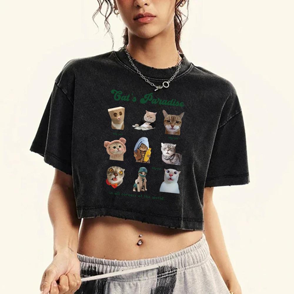 Cute Cat Collection Printing Washed T Shirt Women Retro Casual T-Shirt Fitness Crop Tee Clothing Summer Fashion