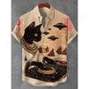 Modisches Herren Sommer Hawaiianhemd Vintage Kalligraphie Katze Dinosaurier 3D Druckhemd Kurzarm Lässige Strandhemden