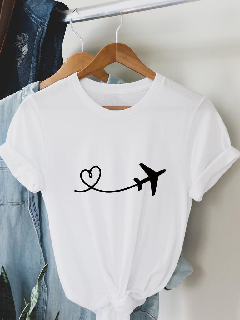 Sleeved Round-Neck T-Shirt with Heart Airplane Print Harajuku Short Sleeve Casual Street Tops T