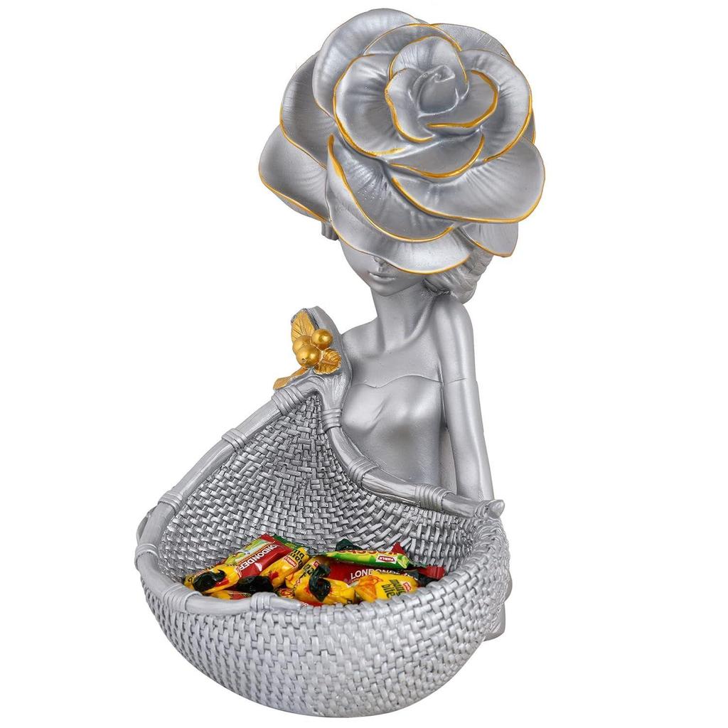 Lady with Basket Showpiece for Home Decor Showpiece & Office Decor Showpiece (11.5" Inch Size, Silver)
