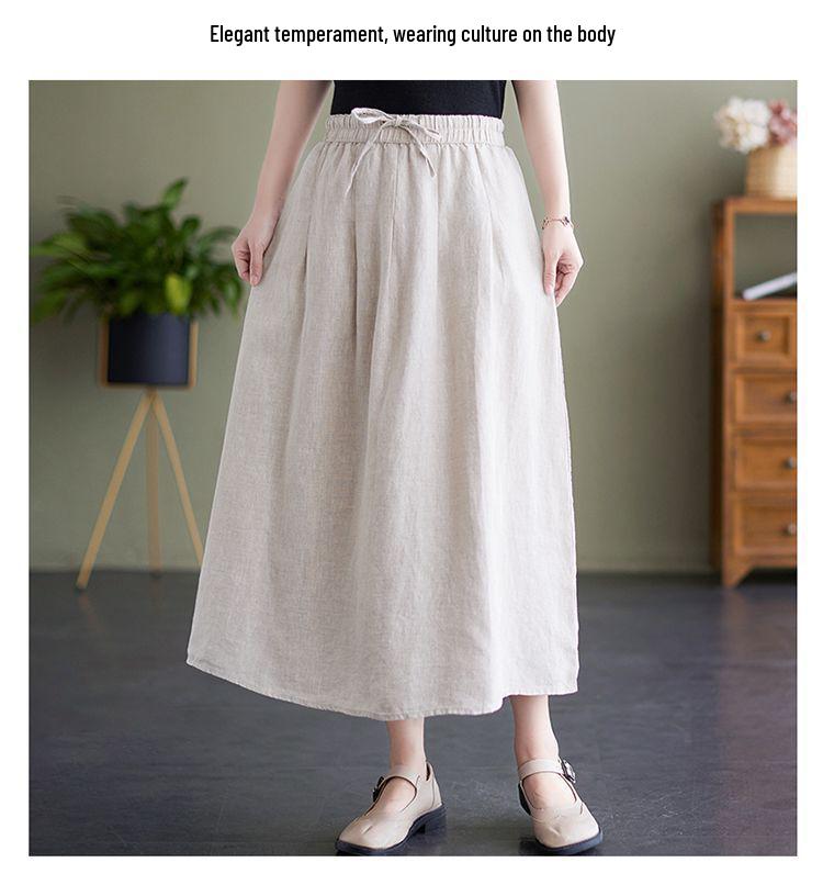 Embroidered High-Waisted A-line Cotton Midi Skirt: Slimming, Elastic Waist, Literary Style, Wide Hem for Women
