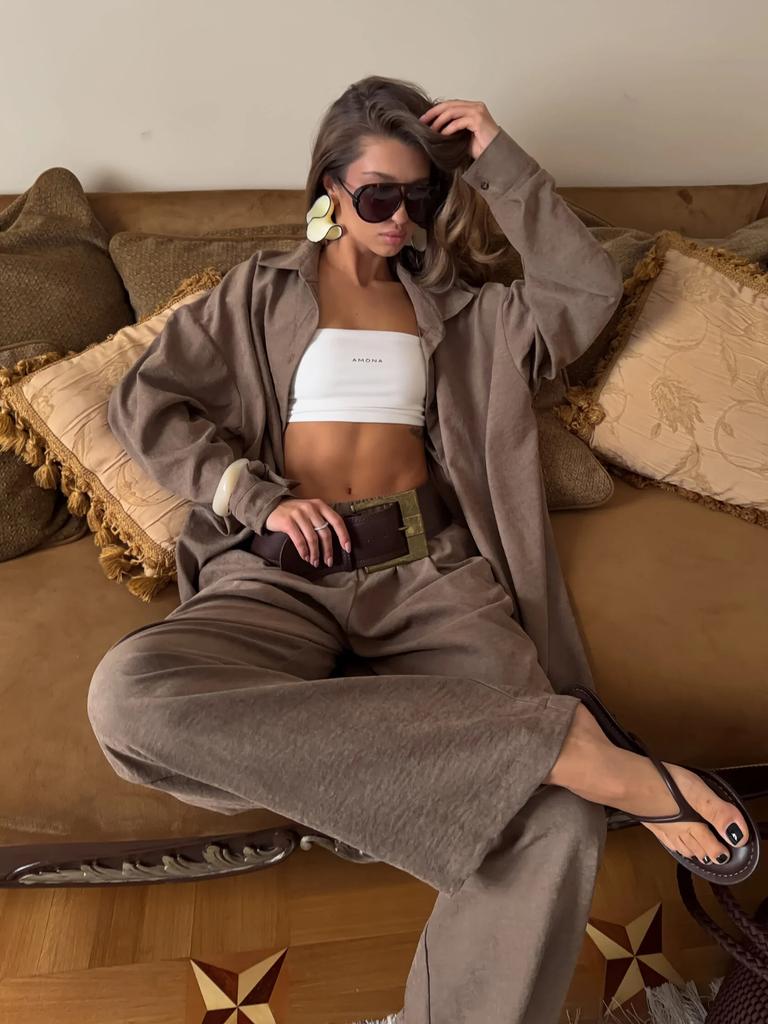 Retro atmosphere casual two-piece set, loose oversize lapel shirt high waist drop wide leg trousers