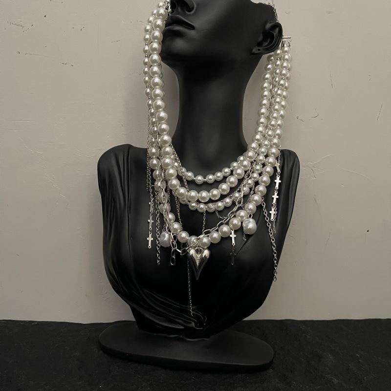 

European & American Multi-Layer Pearl Heart Cross Necklace - Trendy High-End Clavicle Chain