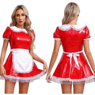 Dámské Pole Dance Show Služebníci Cosplay Maid Latexové šaty Karneval Maškarní Téma Party Oblečení Plesové šaty Kostým se zástěrou