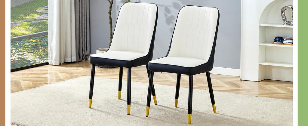 Set of 2 Modern Dining Chairs with PU Leather Backrest in Black-White Combination and Black Metal Legs.