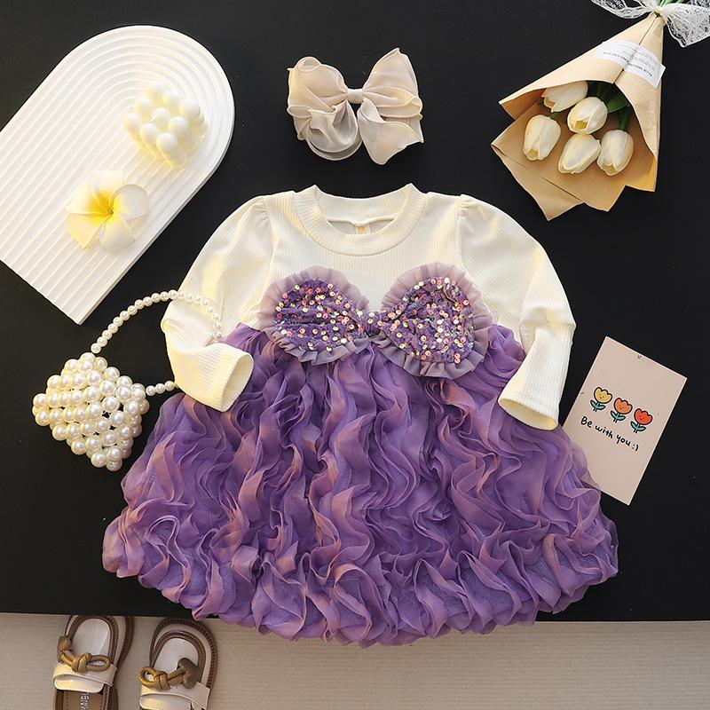 Girls Faux Two Piece Long Sleeve Dress Spring Autumn Summer Versatile Princess Skirt For Little Kids Sweet