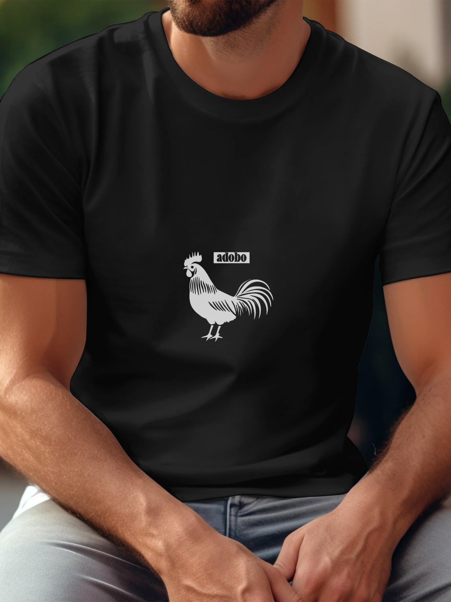 Casual Rooster Graphic T-shirt - 180g Cotton Crew Neck Short Sleeve Tee with Bold Black & White Geometric Print XXXL