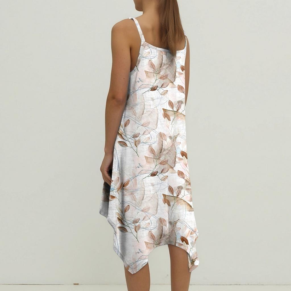 Women's Summer Casual Print Round Neck Adjustable Suspender Dress With Pockets