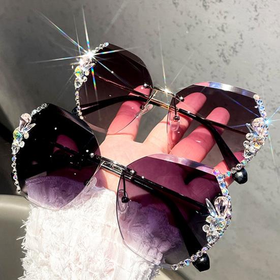 Women Sunglasses Rimless Lightweight High Clarity Wide Cool Sun-resistant Windproof UV Protection Shiny Rhinestone Female Sunglasses for Outdoor