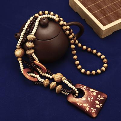 Damen Boho Ethnischer Holzharz Perlenkette, Retro Handgemachter Langer Pulloverkettenanhänger