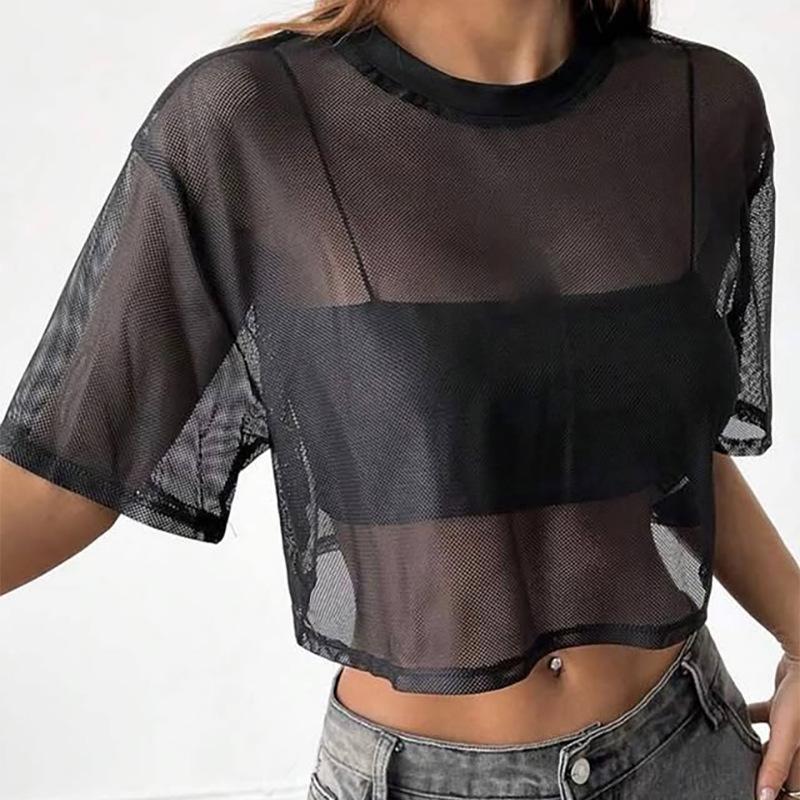 Women Summer Black White Mesh Cropped Tops Loose Casual Short-sleeved T-shirt