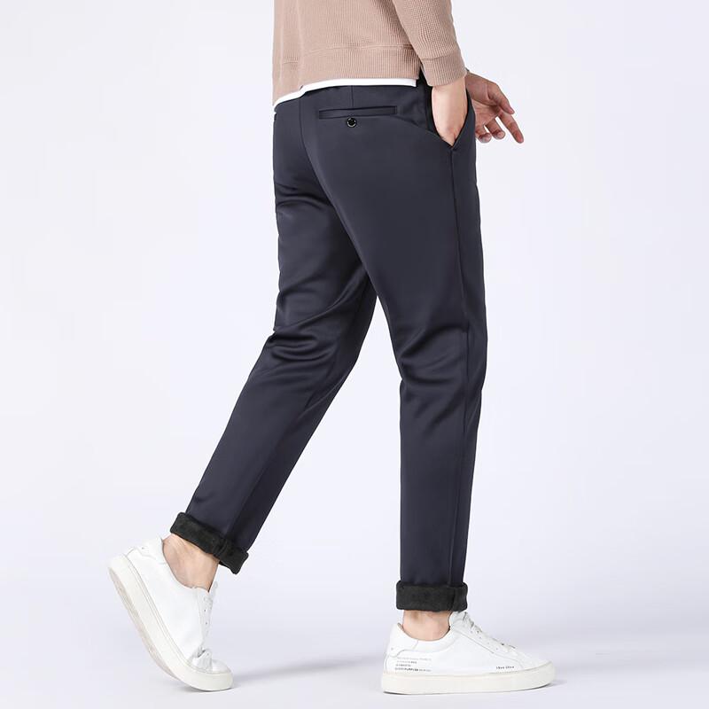 Fengxiao Men's Fleece-Lined Elastic Waist Straight Leg Business Casual Pants